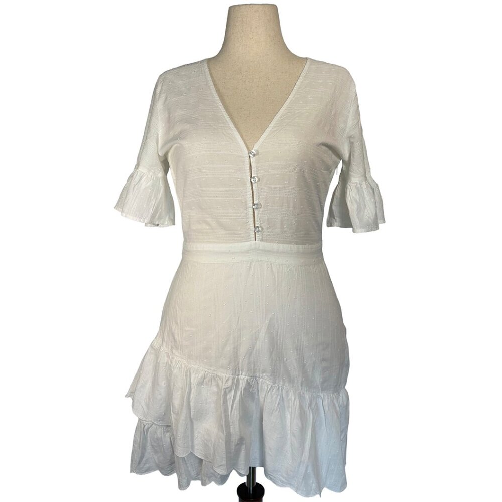 Express White Button Front Ruffle Sleeve Tiered Mini Dress | Size Medium
